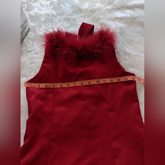 Vtg 1980s Rare Editions Red Formal Short Sleeve Dress W/ Red Feather Trim Sz 14 - Picture 4 of 6